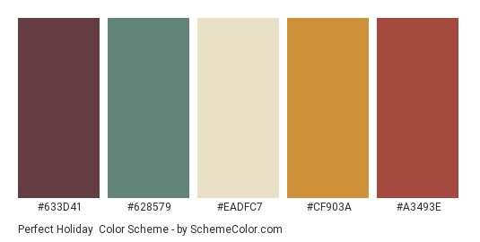 Perfect Holiday - Color scheme palette thumbnail - #633D41 #628579 #EADFC7 #CF903A #A3493E 