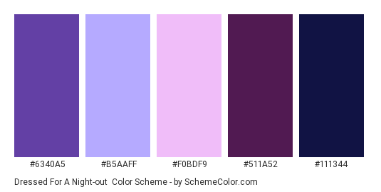 Dressed for a Night-out - Color scheme palette thumbnail - #6340A5 #B5AAFF #F0BDF9 #511A52 #111344 