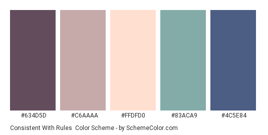 Consistent with Rules - Color scheme palette thumbnail - #634D5D #C6AAAA #FFDFD0 #83ACA9 #4C5E84 