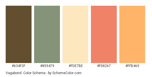 Vagabond - Color scheme palette thumbnail - #634F2F #859479 #FDE7BE #F08267 #FFB469 