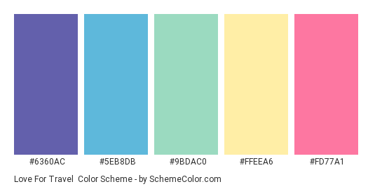 Love for Travel - Color scheme palette thumbnail - #6360AC #5EB8DB #9BDAC0 #FFEEA6 #FD77A1 