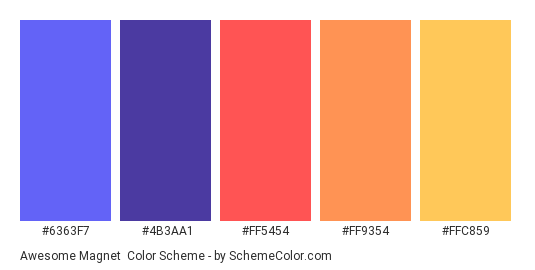 Awesome Magnet - Color scheme palette thumbnail - #6363F7 #4B3AA1 #FF5454 #FF9354 #FFC859 