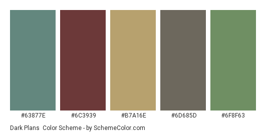 Dark Plans - Color scheme palette thumbnail - #63877e #6c3939 #b7a16e #6d685d #6f8f63 