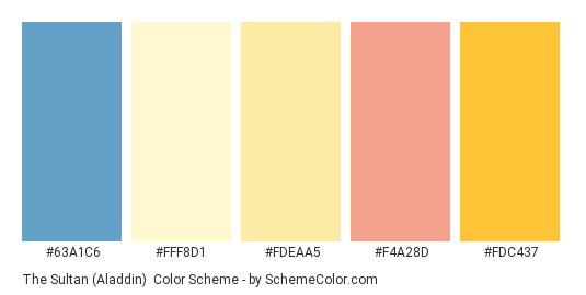 The Sultan (Aladdin) - Color scheme palette thumbnail - #63a1c6 #fff8d1 #fdeaa5 #f4a28d #fdc437 