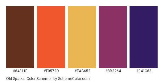 Old Sparks - Color scheme palette thumbnail - #64311E #F0572D #EAB652 #8B3264 #341C63 
