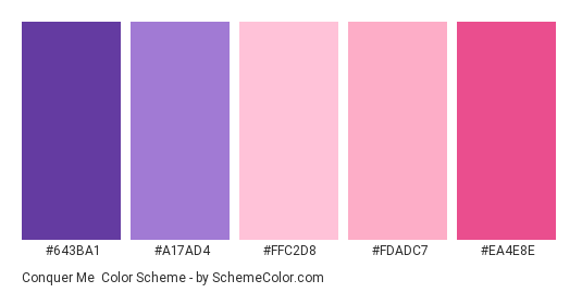 Conquer Me - Color scheme palette thumbnail - #643BA1 #A17AD4 #FFC2D8 #FDADC7 #EA4E8E 