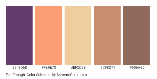 Fair Enough - Color scheme palette thumbnail - #643d6d #fb9e73 #efcd9e #c98d71 #906a5c 