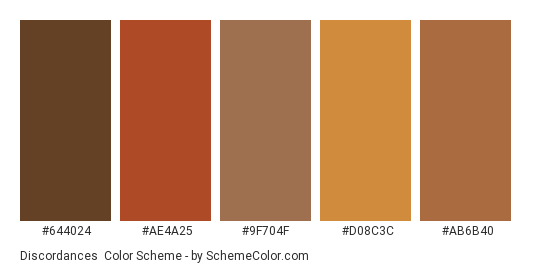 Discordances - Color scheme palette thumbnail - #644024 #ae4a25 #9f704f #d08c3c #ab6b40 