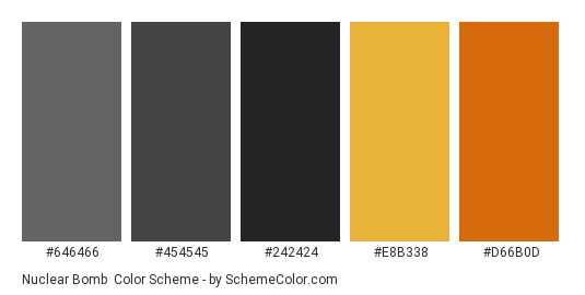 Nuclear Bomb - Color scheme palette thumbnail - #646466 #454545 #242424 #E8B338 #D66B0D 