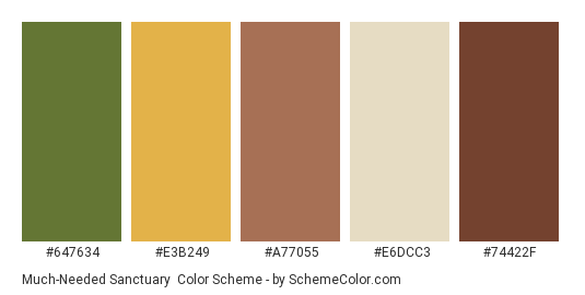 Much-Needed Sanctuary - Color scheme palette thumbnail - #647634 #e3b249 #a77055 #e6dcc3 #74422f 