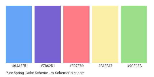 Pure Spring - Color scheme palette thumbnail - #64A3F5 #7862D1 #FD7E89 #FAEFA7 #9CE08B 