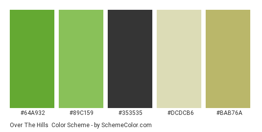 Over the Hills - Color scheme palette thumbnail - #64a932 #89c159 #353535 #dcdcb6 #bab76a 