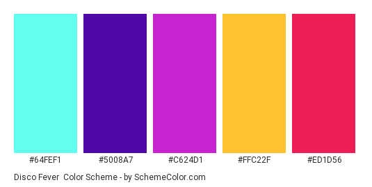 Disco Fever - Color scheme palette thumbnail - #64fef1 #5008a7 #c624d1 #ffc22f #ed1d56 