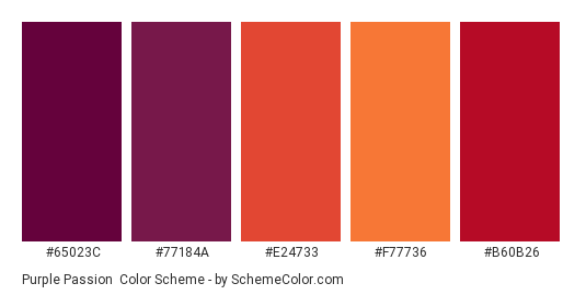 Purple Passion - Color scheme palette thumbnail - #65023c #77184a #e24733 #f77736 #b60b26 