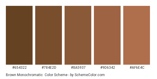 Brown Monochromatic - Color scheme palette thumbnail - #654322 #784E2D #8A5937 #9D6342 #AF6E4C 