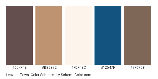 Leaving Town - Color scheme palette thumbnail - #654f4e #be9372 #fdf4ec #12547f #7f6758 