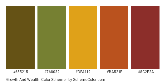 Growth and Wealth - Color scheme palette thumbnail - #655215 #768032 #DFA119 #BA521E #8C2E2A 