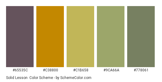 Solid Lesson - Color scheme palette thumbnail - #65535C #C38800 #C1B658 #9CA66A #778061 