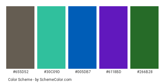 Hummingbird - Color scheme palette thumbnail - #655d52 #30c09d #005db7 #6118bd #266b28 