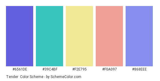 Tender - Color scheme palette thumbnail - #6561de #39c4bf #f2e795 #f0a097 #868eee 