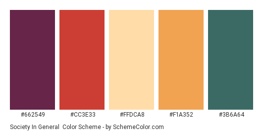 Society in General - Color scheme palette thumbnail - #662549 #CC3E33 #FFDCA8 #F1A352 #3B6A64 