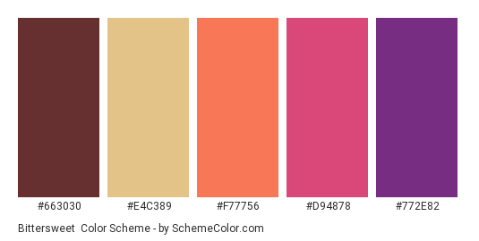 Bittersweet - Color scheme palette thumbnail - #663030 #E4C389 #F77756 #D94878 #772E82 