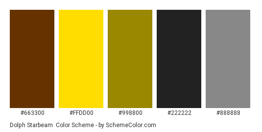 Dolph Starbeam - Color scheme palette thumbnail - #663300 #FFDD00 #998800 #222222 #888888 