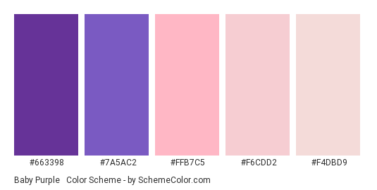 Baby Purple & Pink Pastels - Color scheme palette thumbnail - #663398 #7A5AC2 #FFB7C5 #F6CDD2 #F4DBD9 