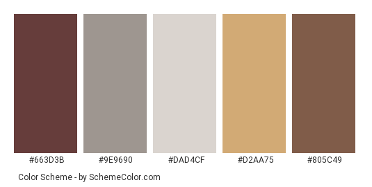 Traditional Tea - Color scheme palette thumbnail - #663d3b #9e9690 #dad4cf #d2aa75 #805c49 