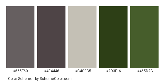 Relaxed Prickly - Color scheme palette thumbnail - #665f60 #4e4446 #c4c0b5 #2d3f16 #465d2b 