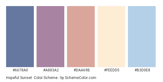 Hopeful Sunset - Color scheme palette thumbnail - #6678A0 #A883A2 #DAA69B #FEEDD5 #B3D0E8 