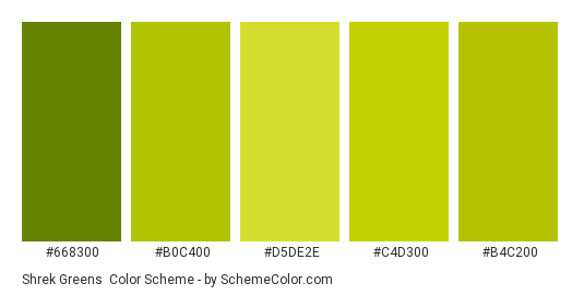 Shrek Greens - Color scheme palette thumbnail - #668300 #B0C400 #D5DE2E #C4D300 #B4C200 