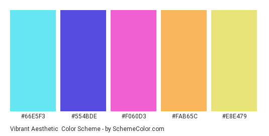 Vibrant Aesthetic - Color scheme palette thumbnail - #66E5F3 #554BDE #F060D3 #FAB65C #E8E479 