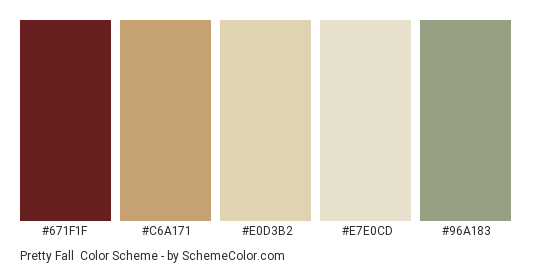 Pretty Fall - Color scheme palette thumbnail - #671f1f #c6a171 #e0d3b2 #e7e0cd #96a183 