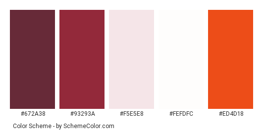 What’s Up - Color scheme palette thumbnail - #672a38 #93293a #f5e5e8 #fefdfc #ed4d18 