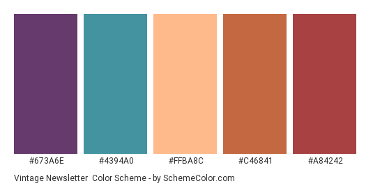 Vintage Newsletter - Color scheme palette thumbnail - #673A6E #4394A0 #FFBA8C #C46841 #A84242 