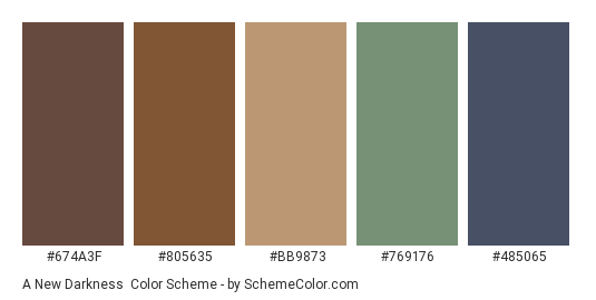 A New Darkness - Color scheme palette thumbnail - #674A3F #805635 #BB9873 #769176 #485065 