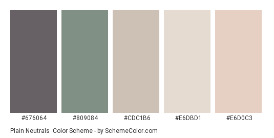 Plain Neutrals - Color scheme palette thumbnail - #676064 #809084 #CDC1B6 #E6DBD1 #E6D0C3 