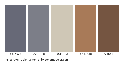 Pulled Over - Color scheme palette thumbnail - #676977 #7c7e88 #cfc7b6 #a87a58 #755541 