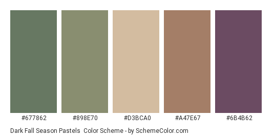 Dark Fall Season Pastels - Color scheme palette thumbnail - #677862 #898E70 #D3BCA0 #A47E67 #6B4B62 