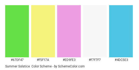 Summer Solstice - Color scheme palette thumbnail - #67DF47 #F5F17A #ED9FE3 #F7F7F7 #4DC5E3 