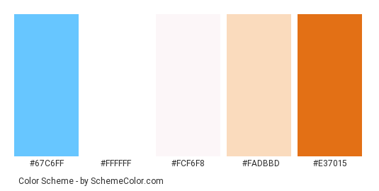 White Spring Flowers - Color scheme palette thumbnail - #67c6ff #ffffff #fcf6f8 #fadbbd #e37015 