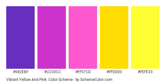Vibrant Yellow and Pink - Color scheme palette thumbnail - #682EBF #CC33CC #FF57CD #FFDD03 #FEFE33 