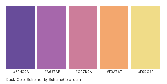 Dusk - Color scheme palette thumbnail - #684C9A #A667AB #CC7D9A #F3A76E #F0DC88 