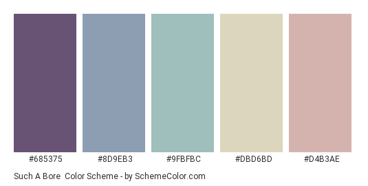 Such a Bore - Color scheme palette thumbnail - #685375 #8D9EB3 #9FBFBC #DBD6BD #D4B3AE 