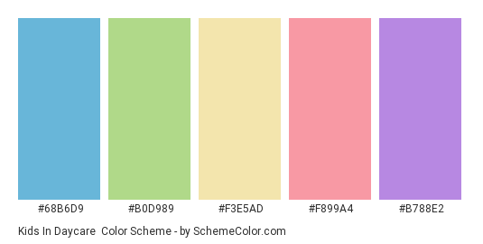 Kids in Daycare - Color scheme palette thumbnail - #68b6d9 #b0d989 #f3e5ad #f899a4 #b788e2 