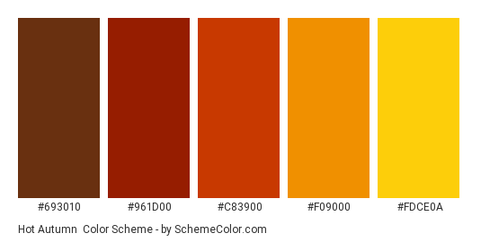 Hot Autumn - Color scheme palette thumbnail - #693010 #961D00 #C83900 #F09000 #FDCE0A 