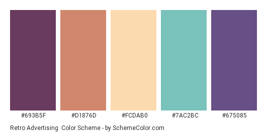 Retro Advertising - Color scheme palette thumbnail - #693B5F #D1876D #FCDAB0 #7AC2BC #675085 