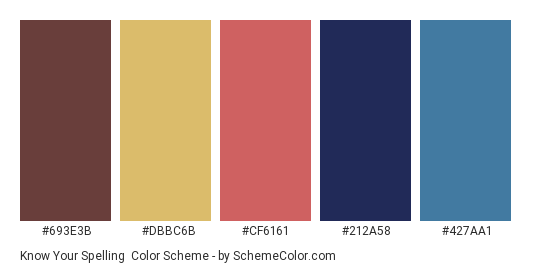 Know Your Spelling - Color scheme palette thumbnail - #693E3B #DBBC6B #CF6161 #212A58 #427AA1 