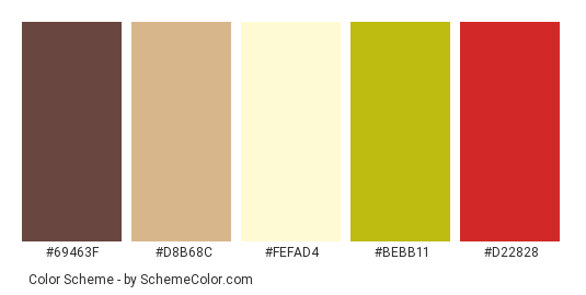 Inner Peace - Color scheme palette thumbnail - #69463f #d8b68c #fefad4 #bebb11 #d22828 